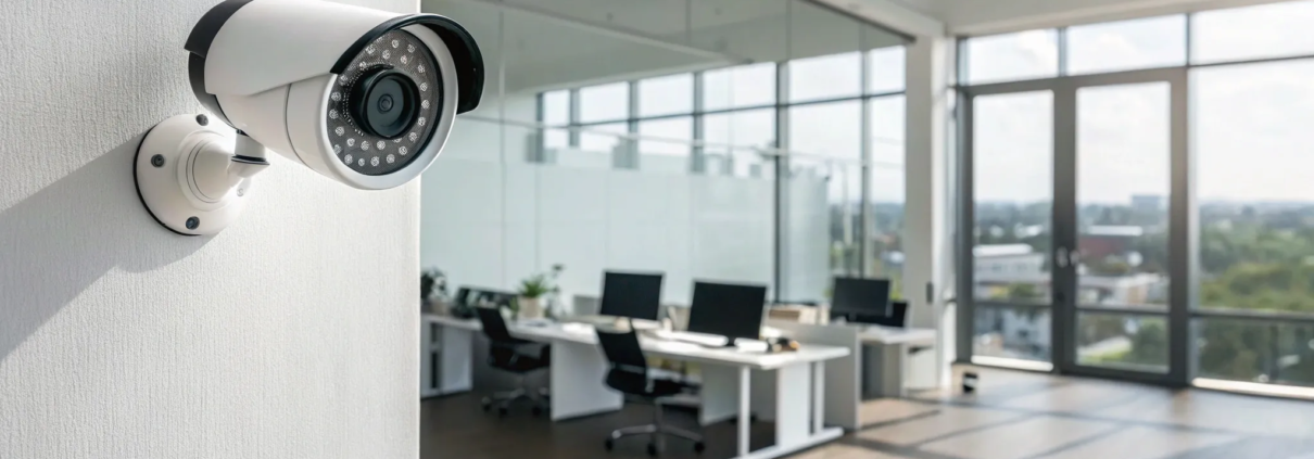 One of the best wireless security cameras for business installed in a modern office.