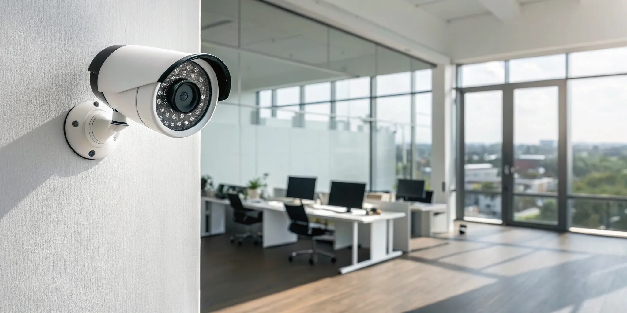 One of the best wireless security cameras for business installed in a modern office.