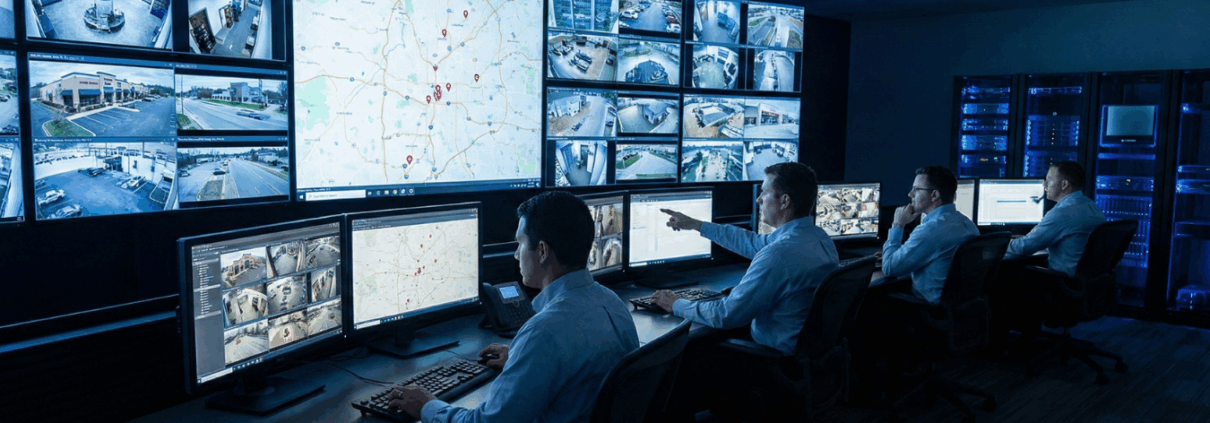 Professionals overseeing activity at several commercial sites using a centralized security operations center.