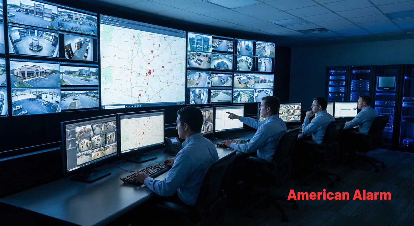 Professionals overseeing activity at several commercial sites using a centralized security operations center.