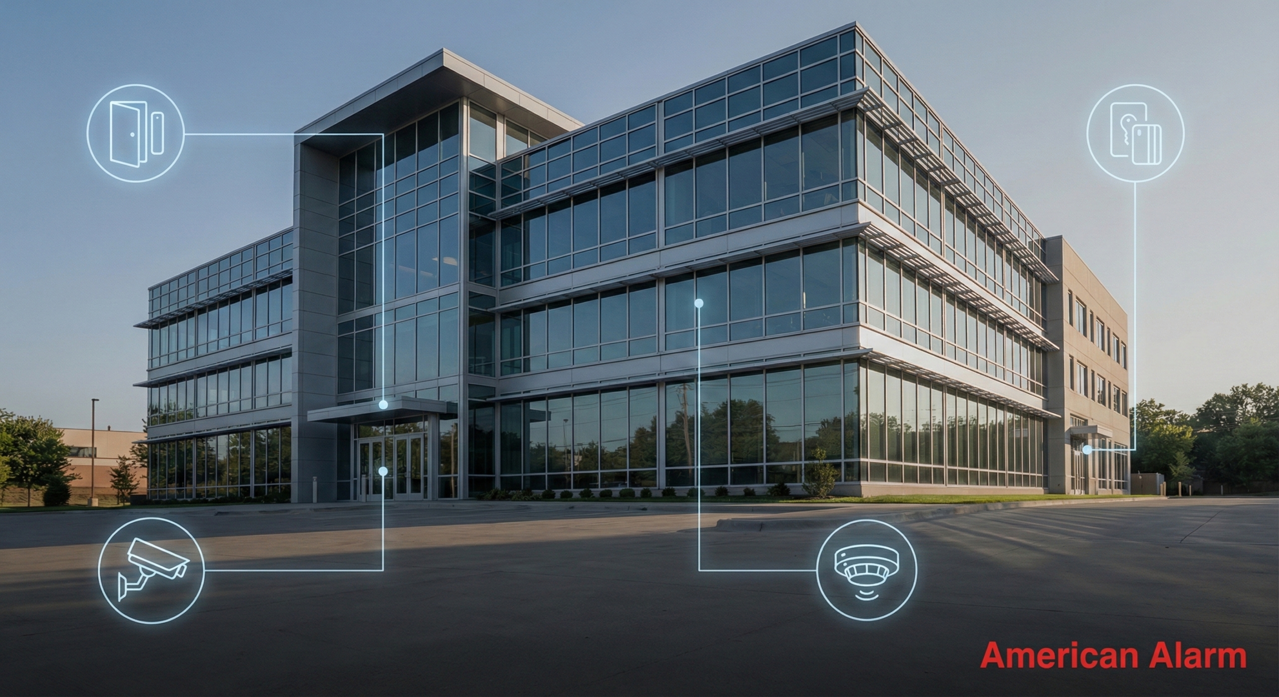 Commercial office exterior representing a unified security system with access control, monitoring, and detection features.