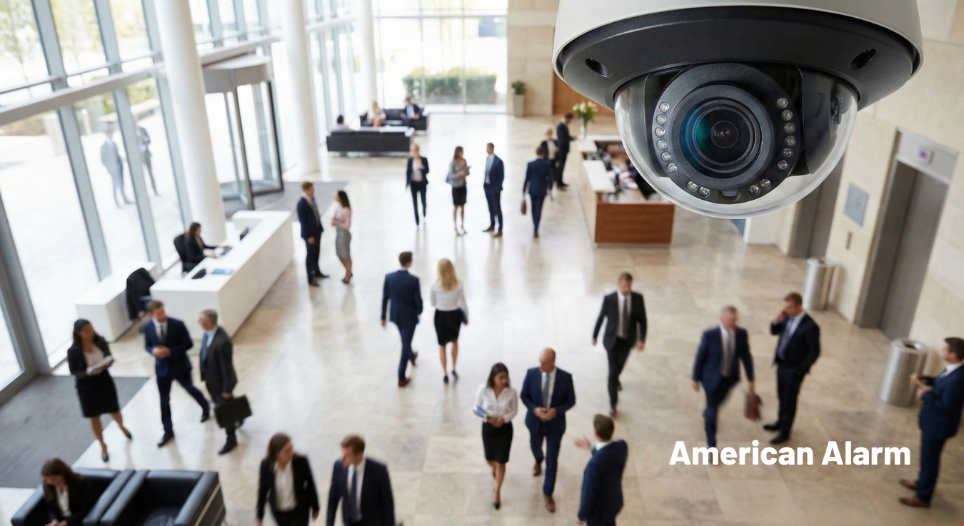 Commercial lobby monitored by an integrated security system as staff and visitors circulate inside.