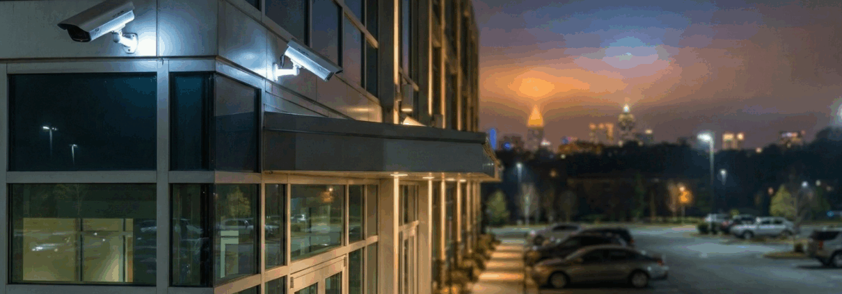 Exterior of a modern commercial building at night with security lighting and visible surveillance coverage overlooking a parking area.