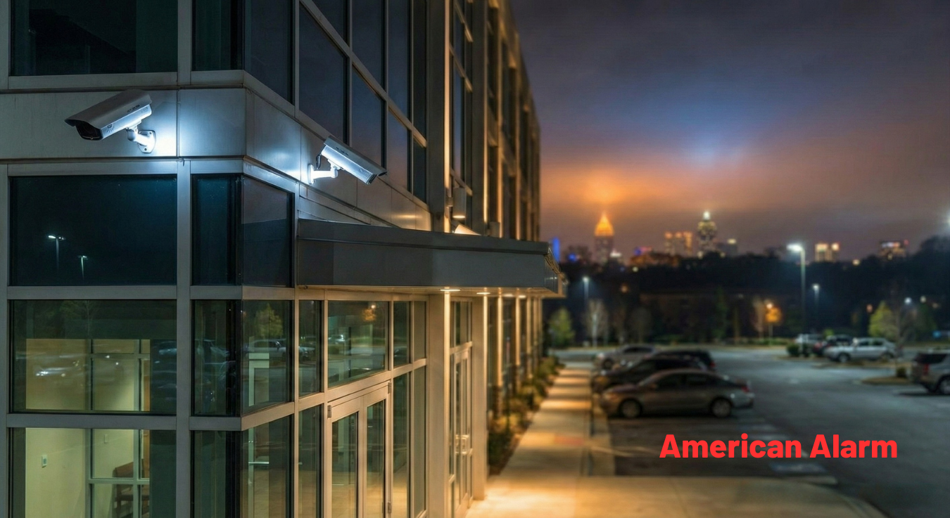 Exterior of a modern commercial building at night with security lighting and visible surveillance coverage overlooking a parking area.