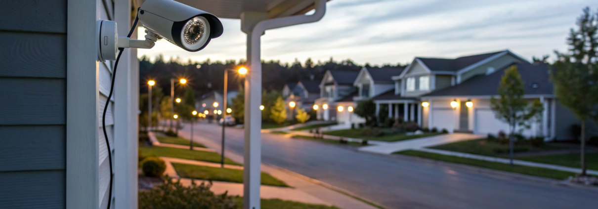 Professional security system installation of an outdoor camera on a residential home.