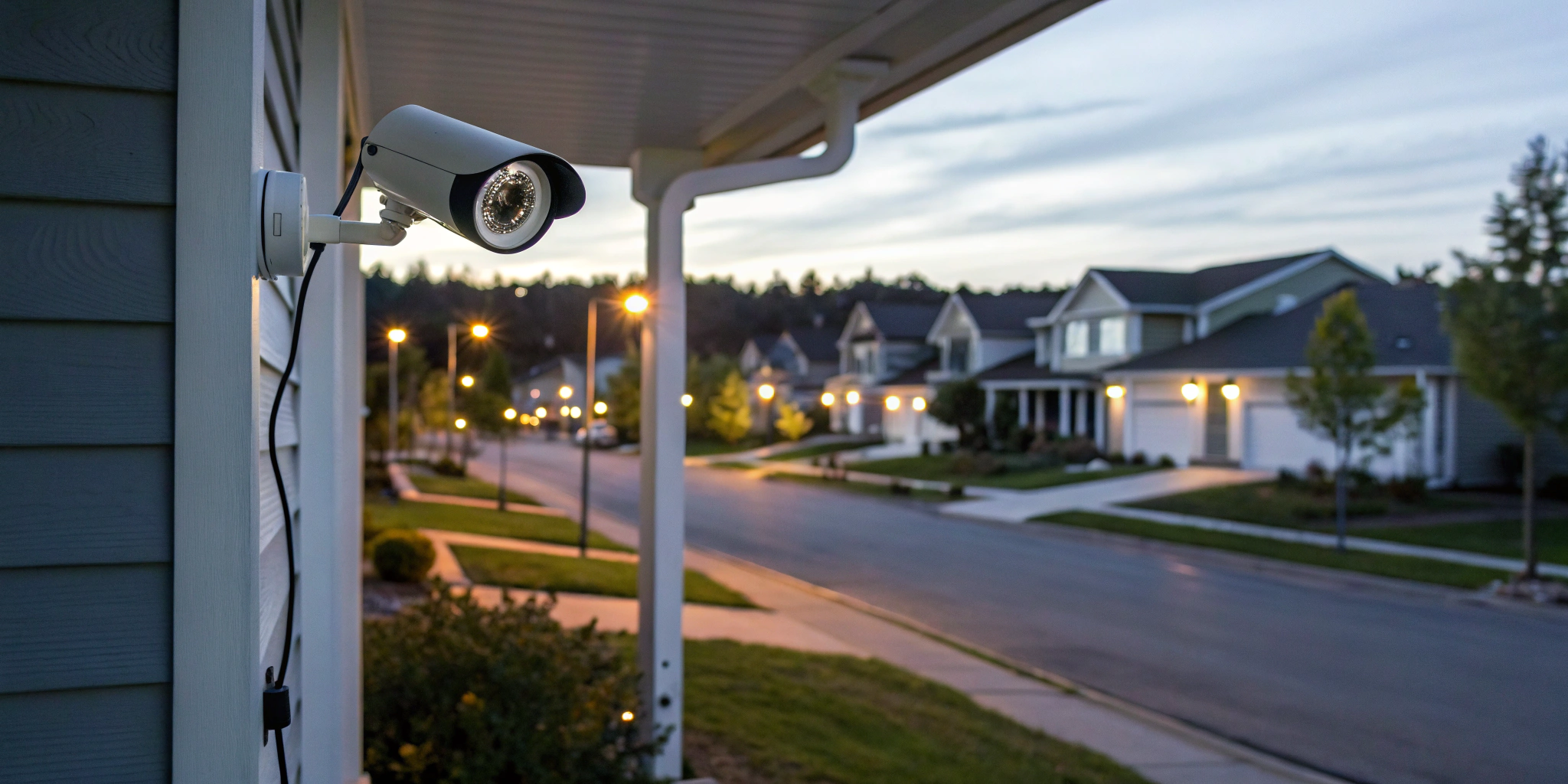 Professional security system installation of an outdoor camera on a residential home.