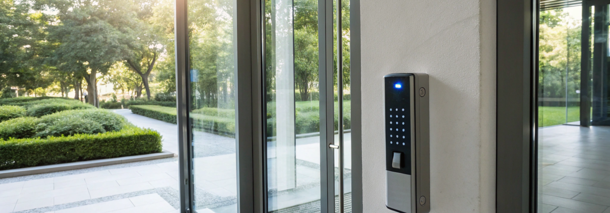 Access control software powering a modern keypad and fingerprint scanner.