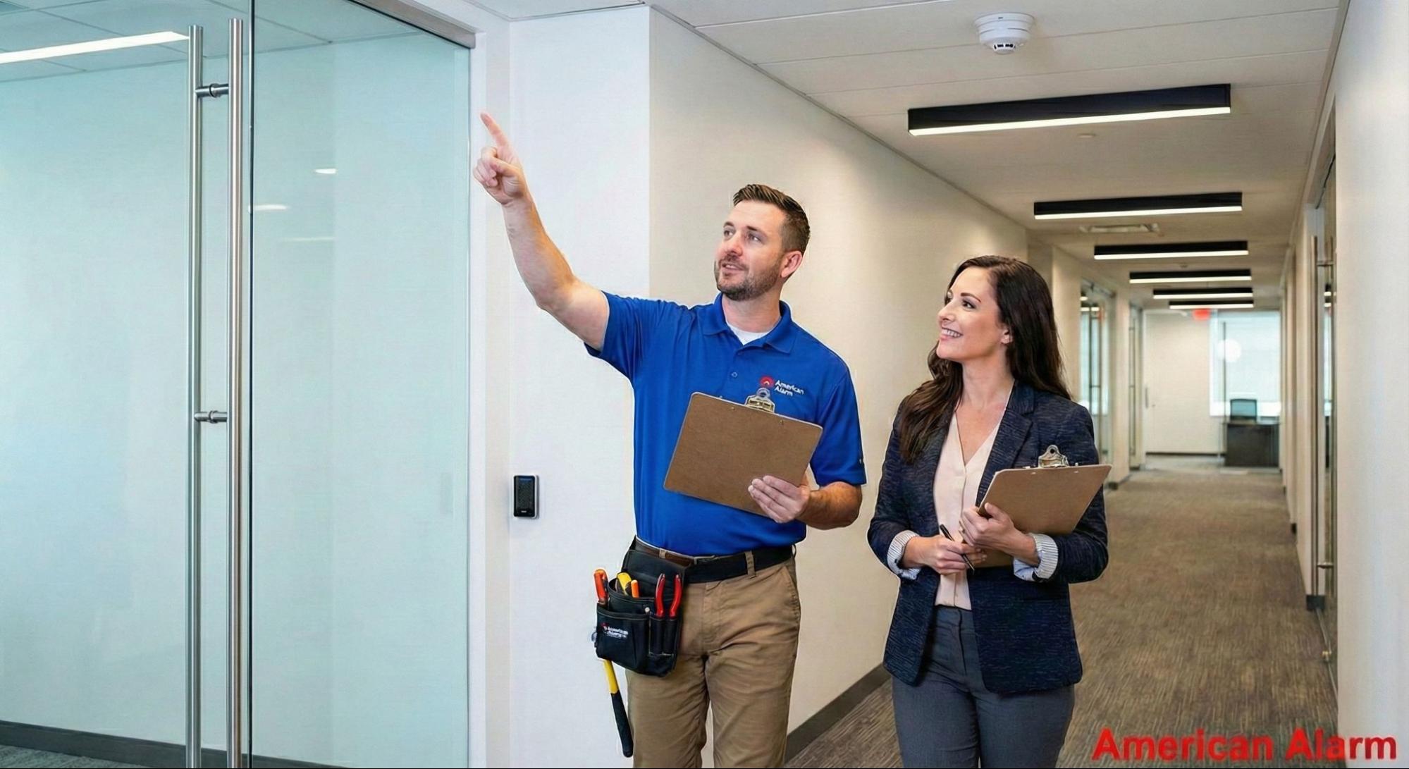 Security technician and business manager reviewing integrated building safety and access systems in an office hallway.