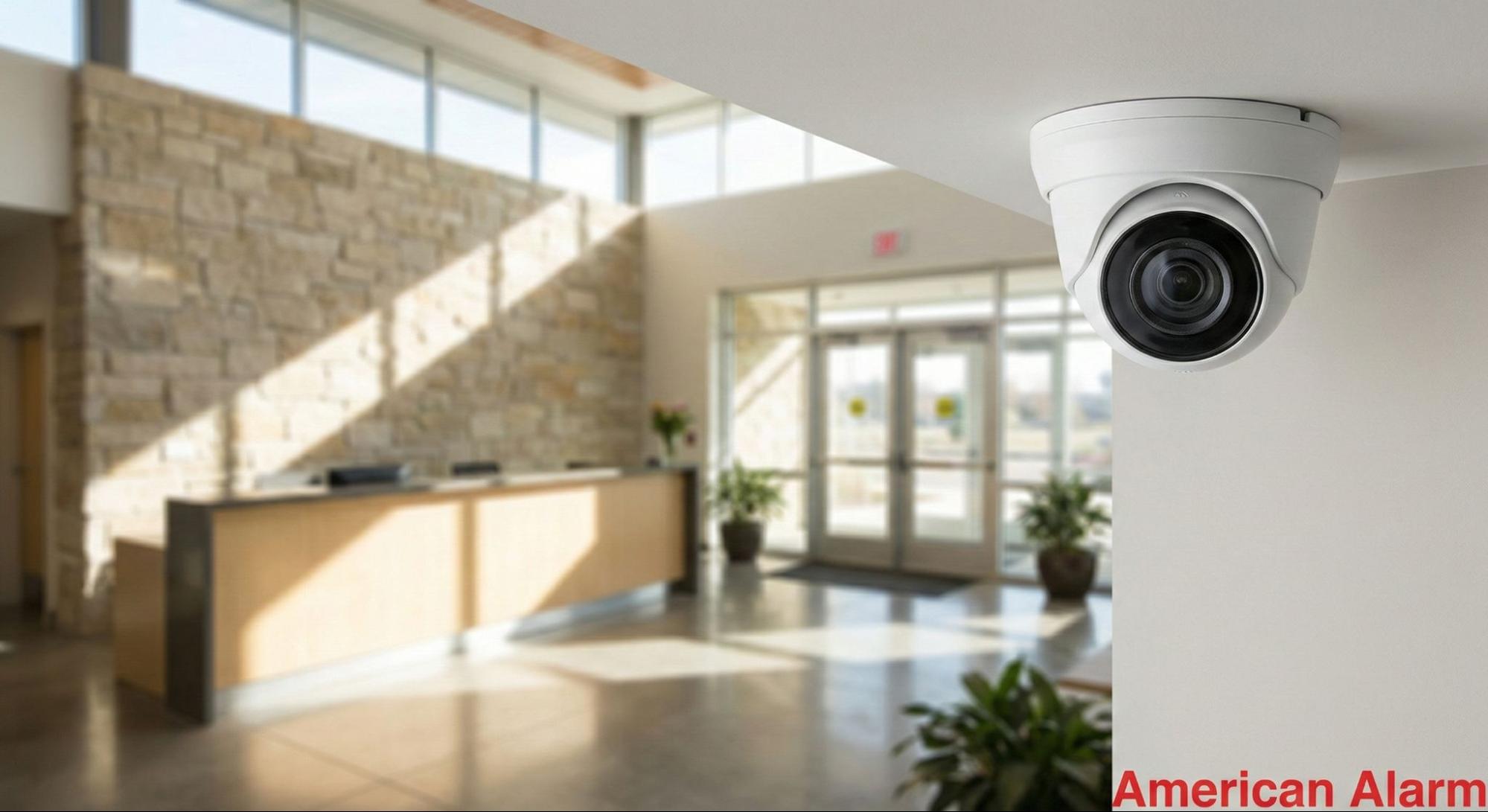 Dome-style commercial security camera installed in a modern business lobby for interior monitoring and coverage.