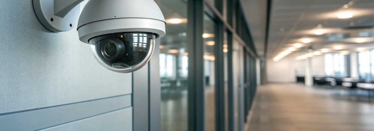A security camera in a business office, a primary factor in how much a security system costs.