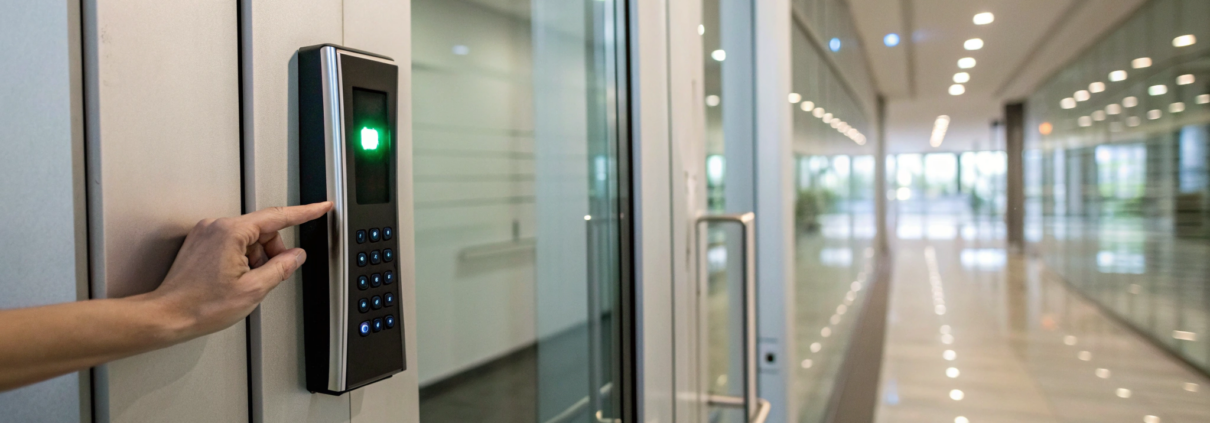 Employee using a keypad for an office access control system from a vetted installation company.
