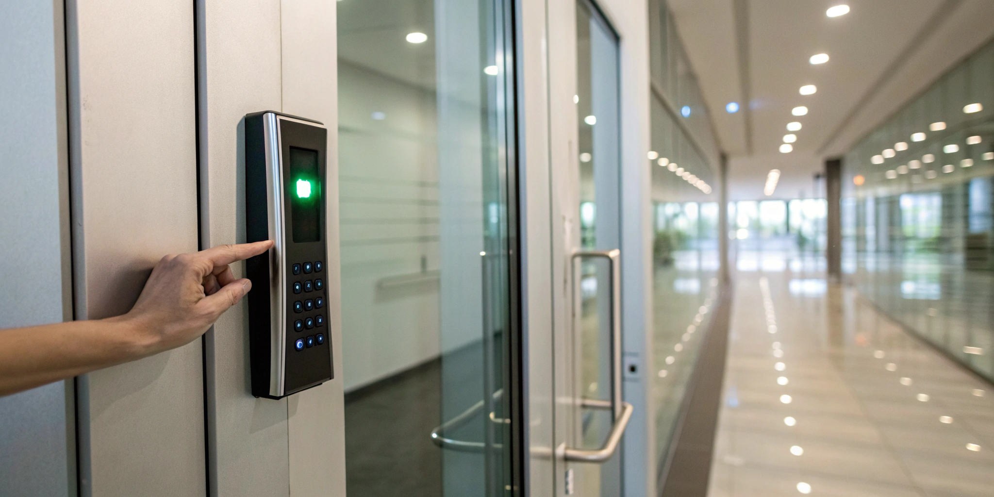 Employee using a keypad for an office access control system from a vetted installation company.