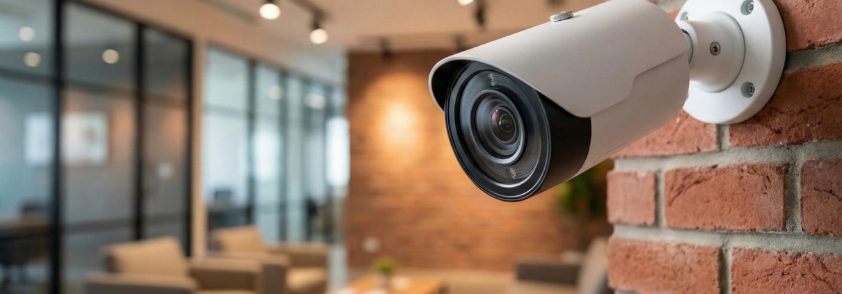 Indoor surveillance solution positioned to oversee common areas in a commercial office environment.