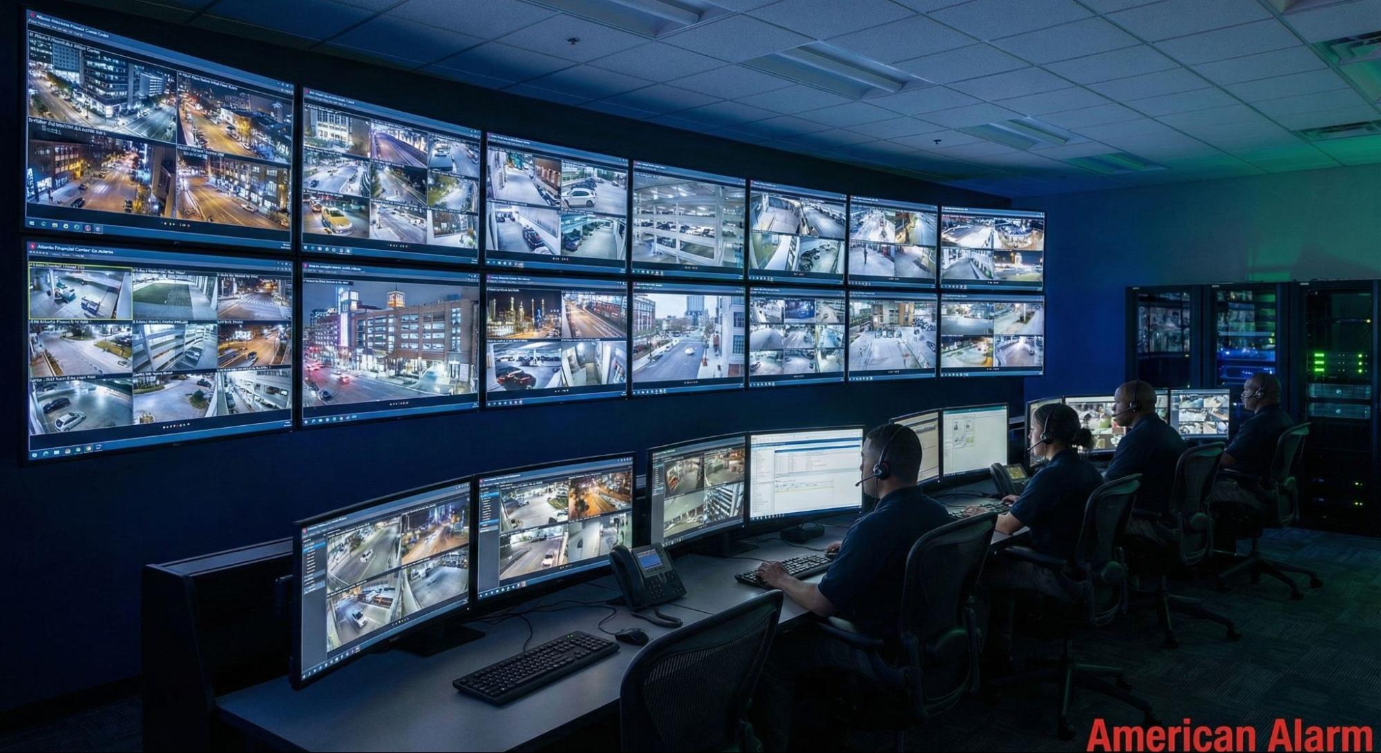 Security professionals monitoring multiple building camera feeds from a centralized control room with wall-mounted screens.