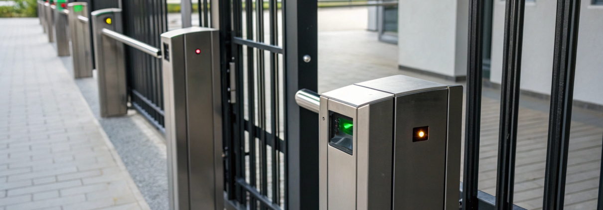 Security gate access control systems with turnstiles and biometric scanners.