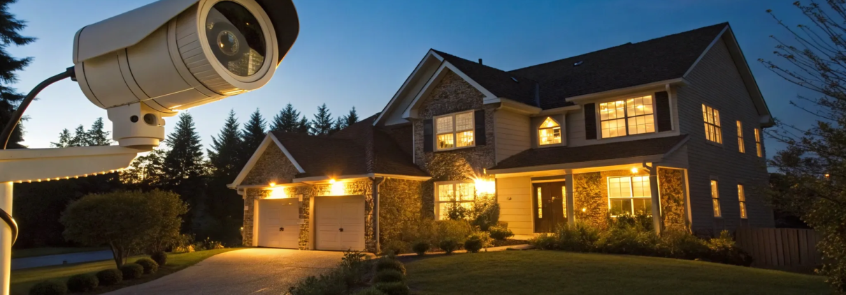 A home secured by an outdoor camera from one of the best alarm companies.