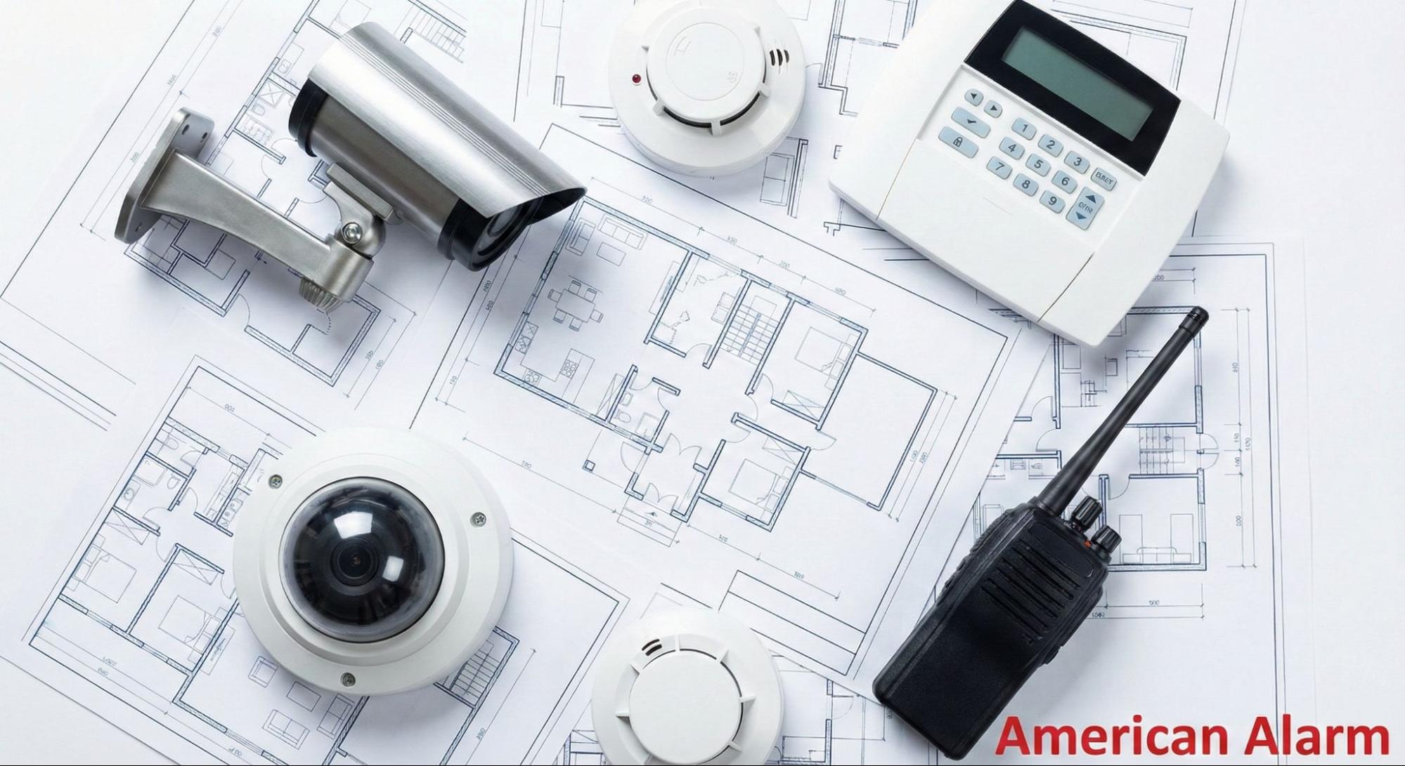 Integrated security components displayed over building blueprints for planning a scalable commercial system.