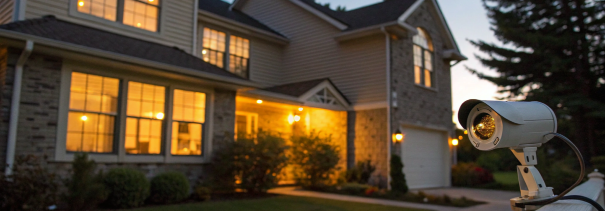 A home security system monitoring a house, a key part of the overall cost of home security monitoring.