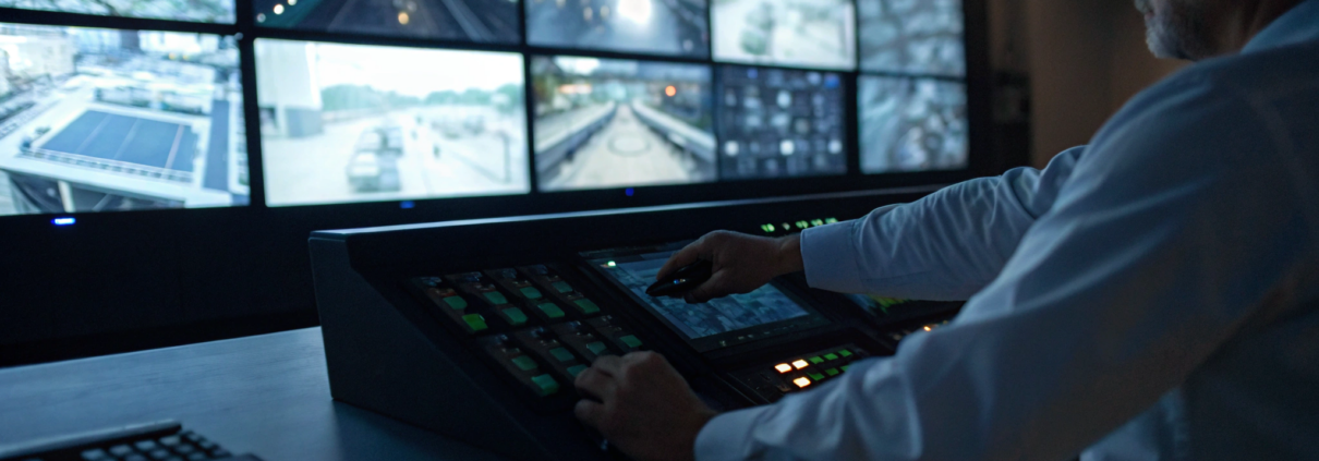 Commercial security systems being monitored by a professional in a high-tech security control room.