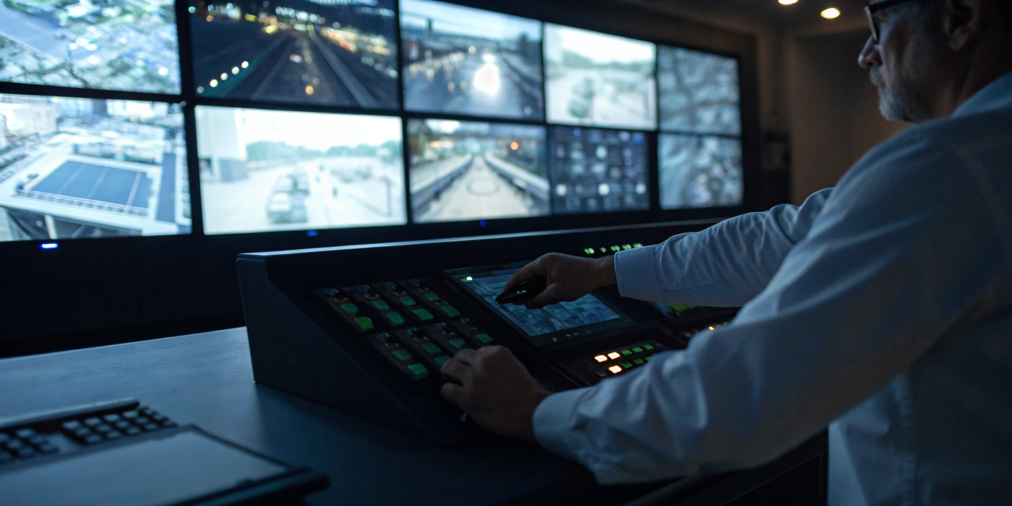 Commercial security systems being monitored by a professional in a high-tech security control room.