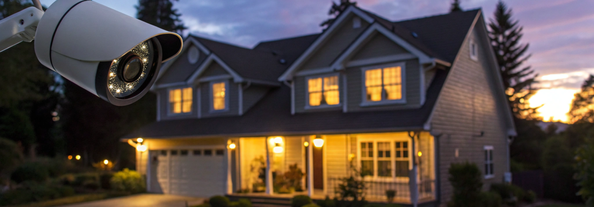 The average cost of a security system per month for a home with a camera monitoring it at dusk.