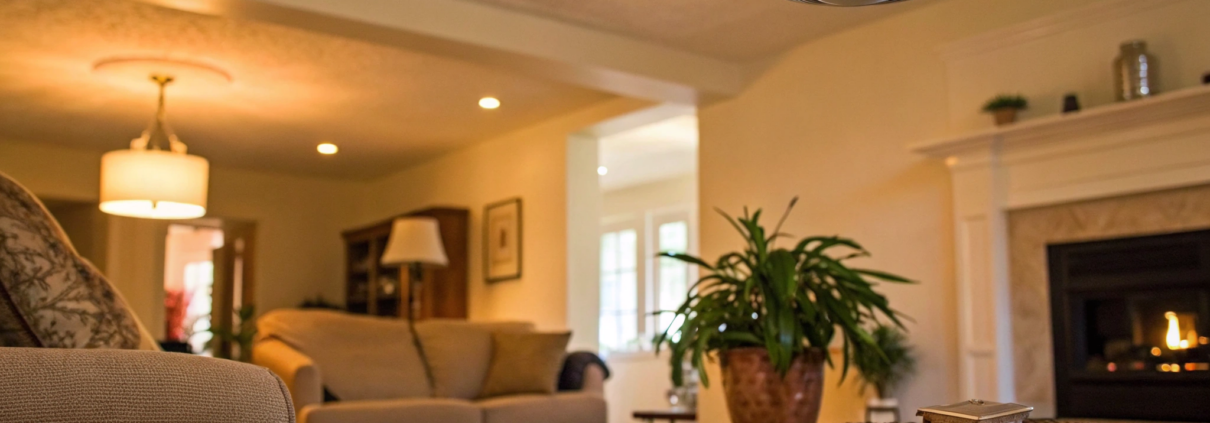 Home fire alarm system installation on a living room ceiling.