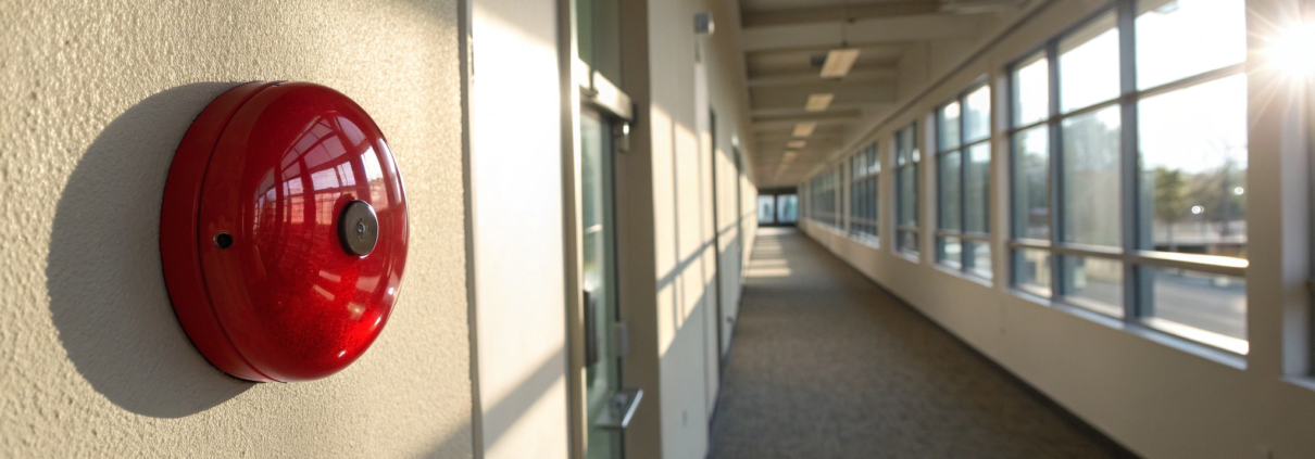 Commercial fire alarm installation with a red alarm bell mounted on a hallway wall.
