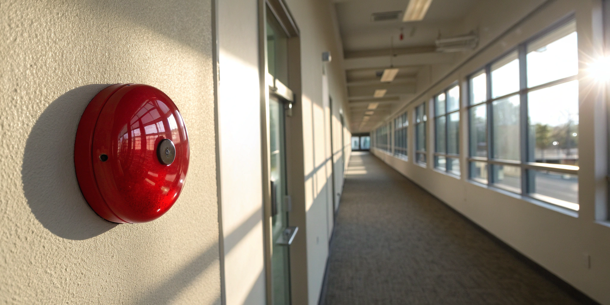 Commercial fire alarm installation with a red alarm bell mounted on a hallway wall.