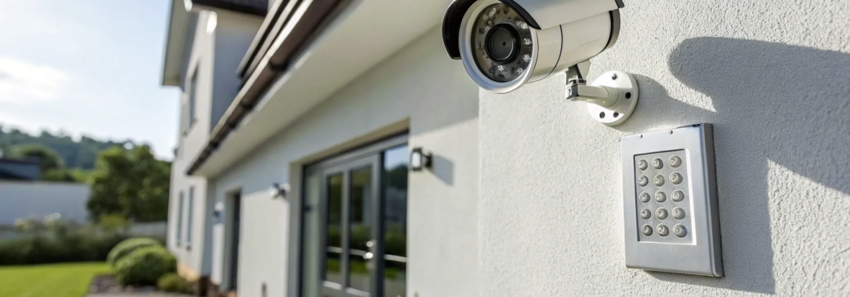 An affordable home security system with an outdoor camera and keypad on a modern house.