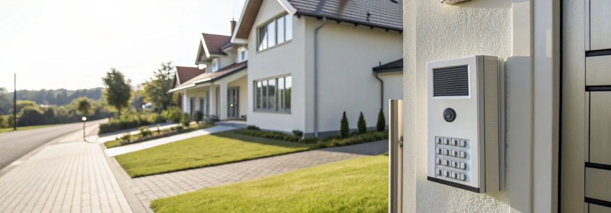 Home security alarm keypad professionally installed by a company at a modern home's entrance.