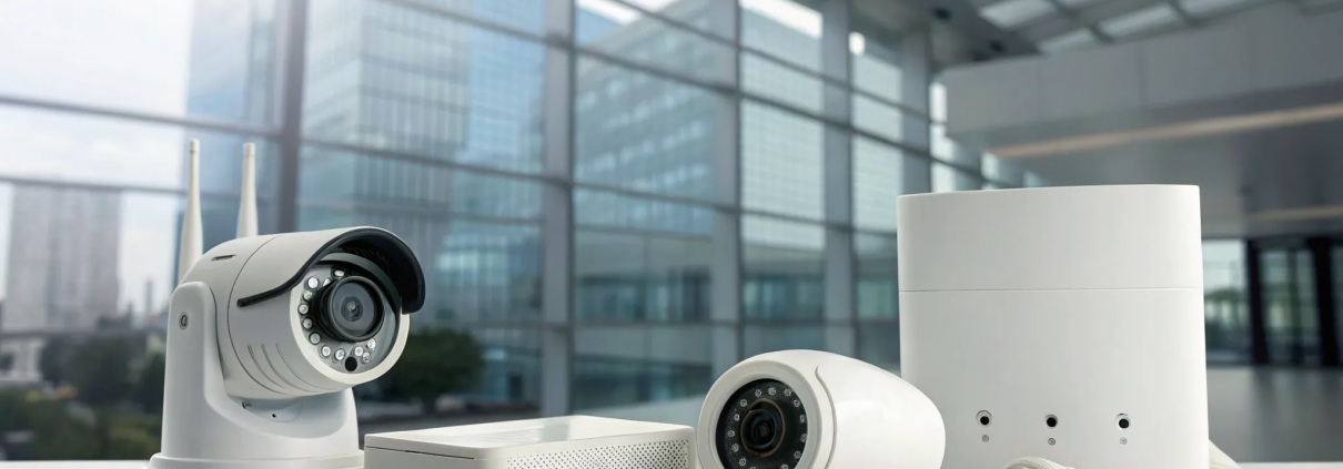 Customizable security packages with cameras, a control hub, and sensors on a desk.