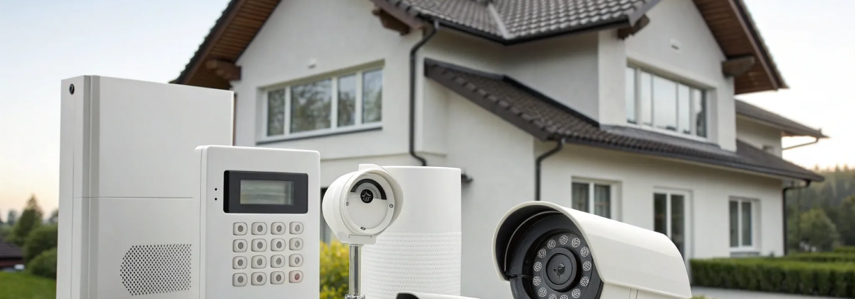 A high-end home security alarm system protecting a modern luxury home.