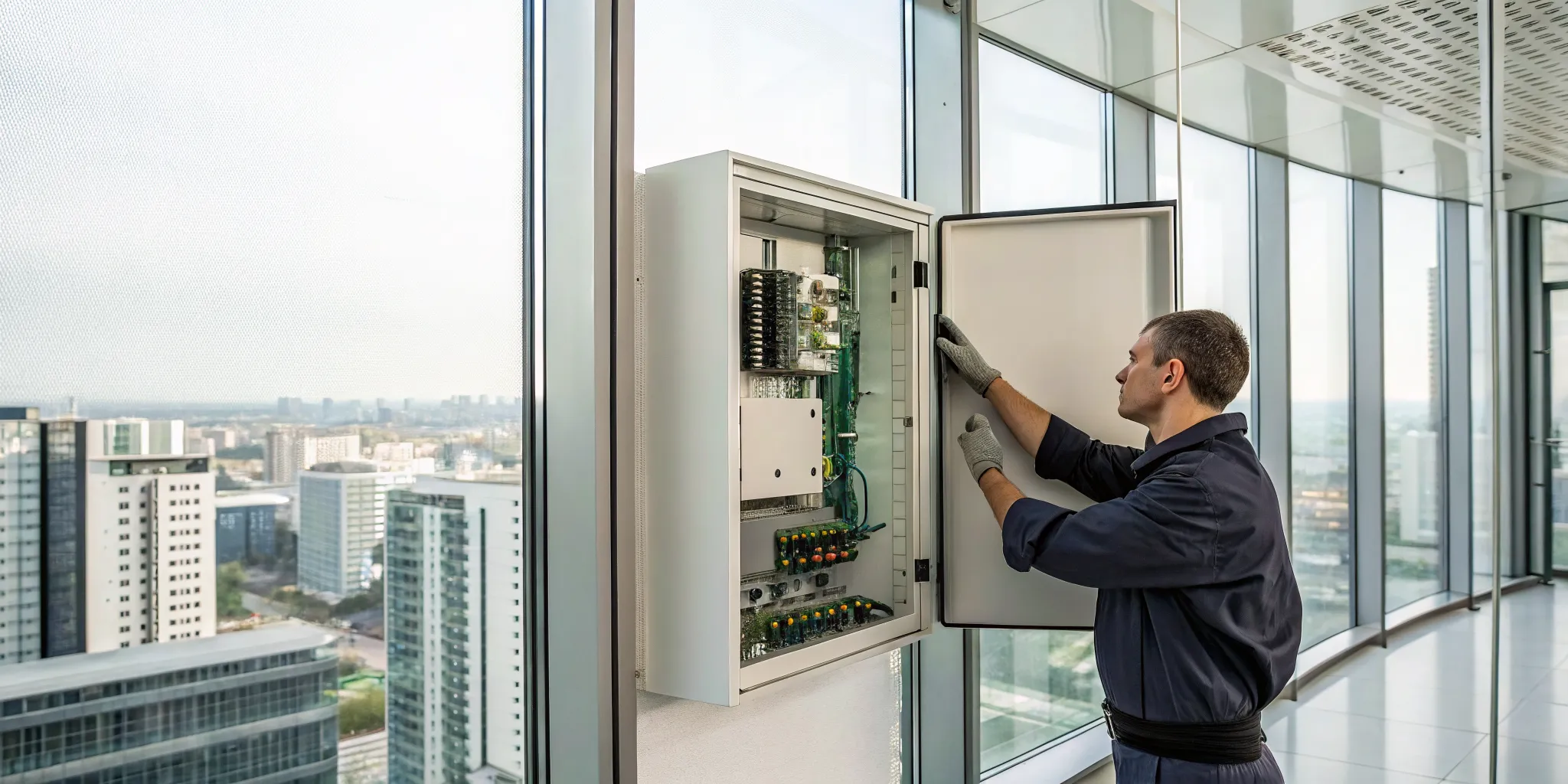 Technician performs commercial alarm repair on a control panel in an Atlanta office.