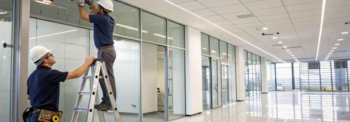 Professional commercial security camera installation in an office.