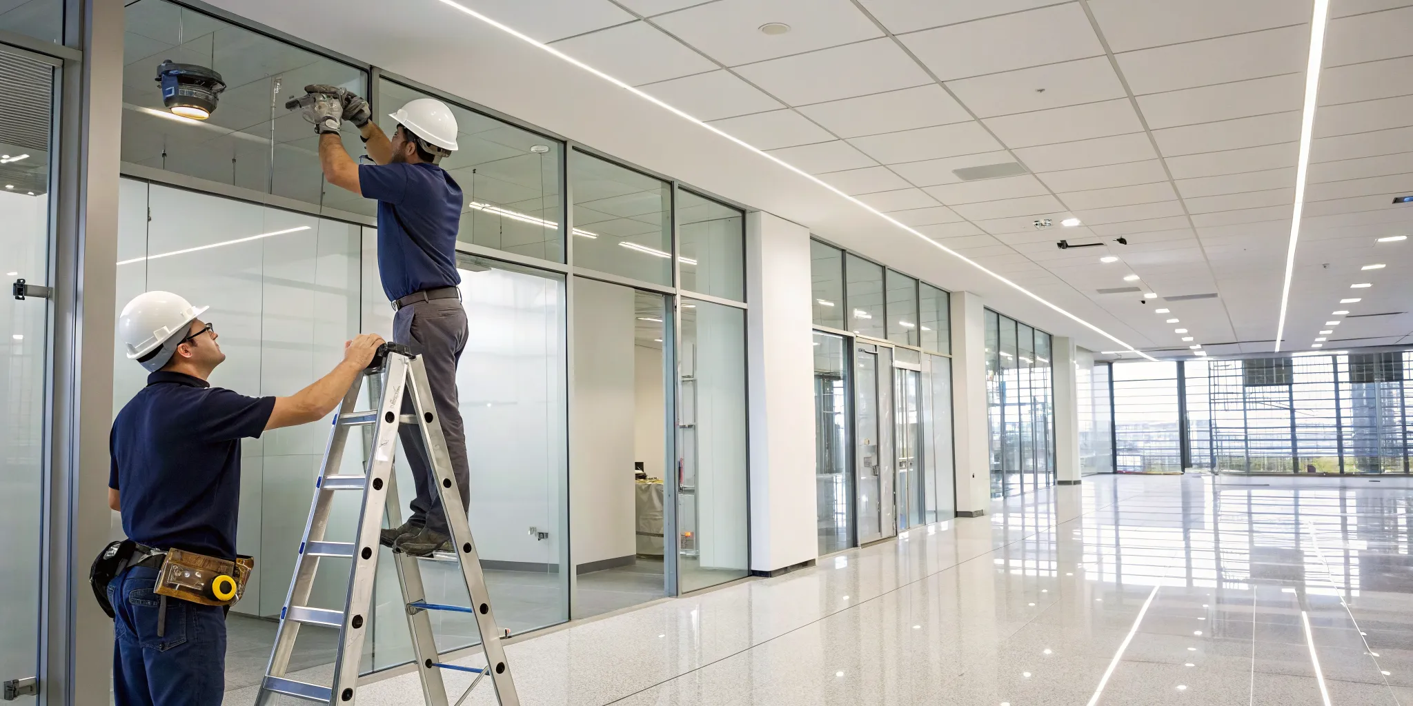 Professional commercial security camera installation in an office.