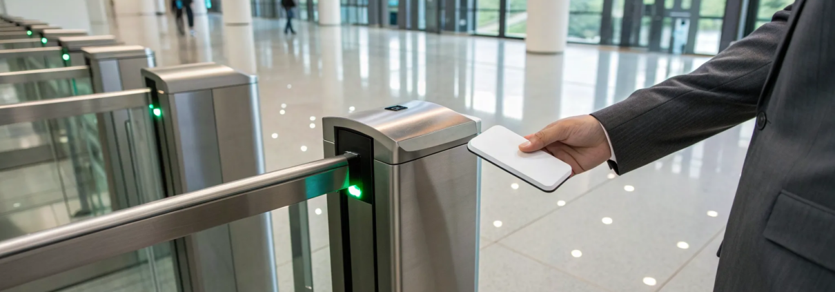 A person uses a keycard for a commercial building's access control system.