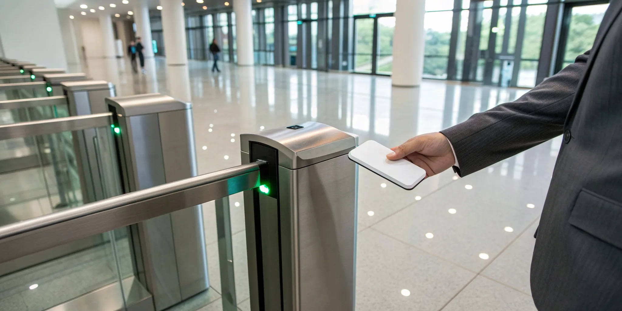 A person uses a keycard for a commercial building's access control system.