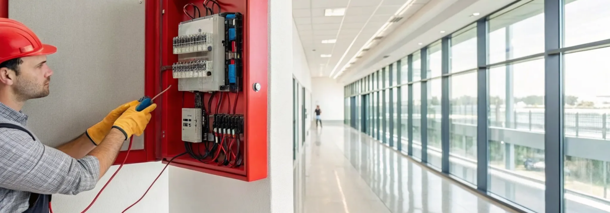 Technician performing a commercial fire alarm repair on a control panel.