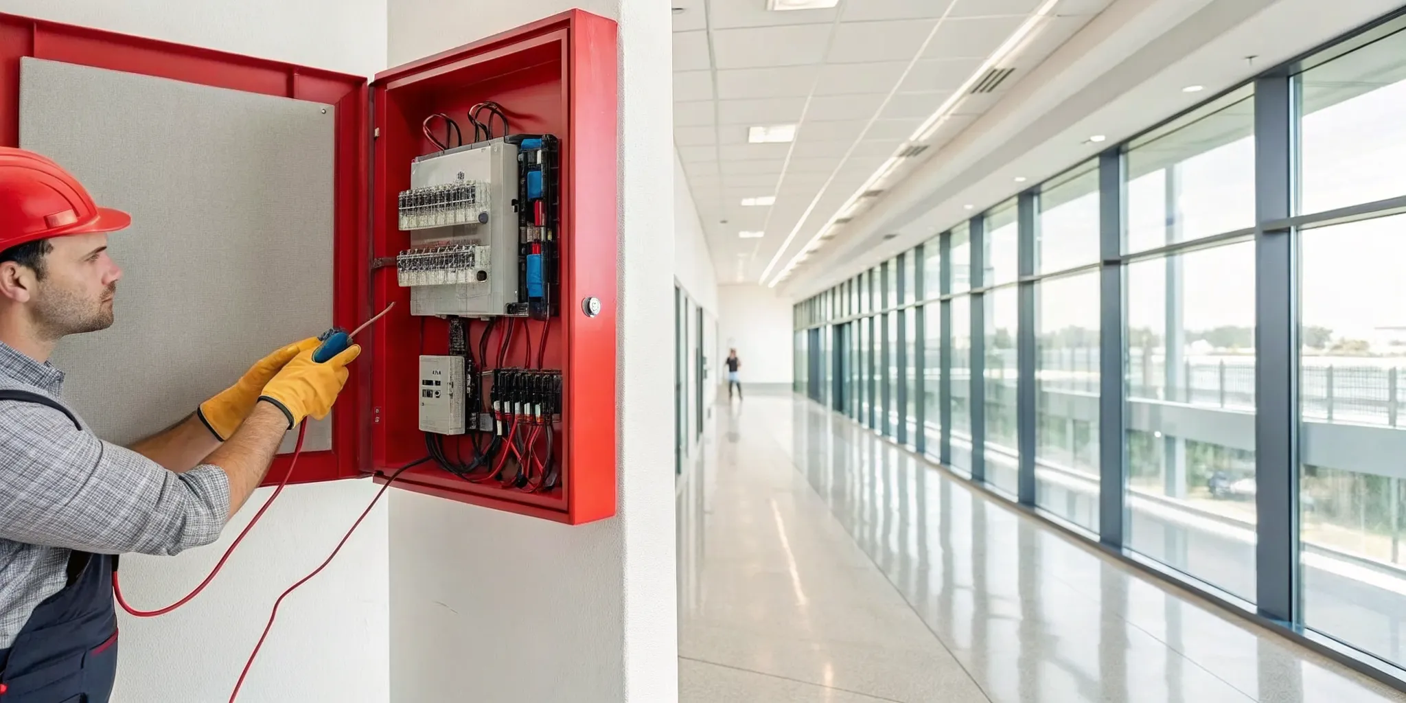 Technician performing a commercial fire alarm repair on a control panel.