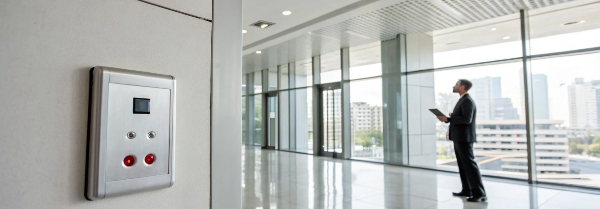 A technician inspecting a fire alarm monitoring panel for a business.