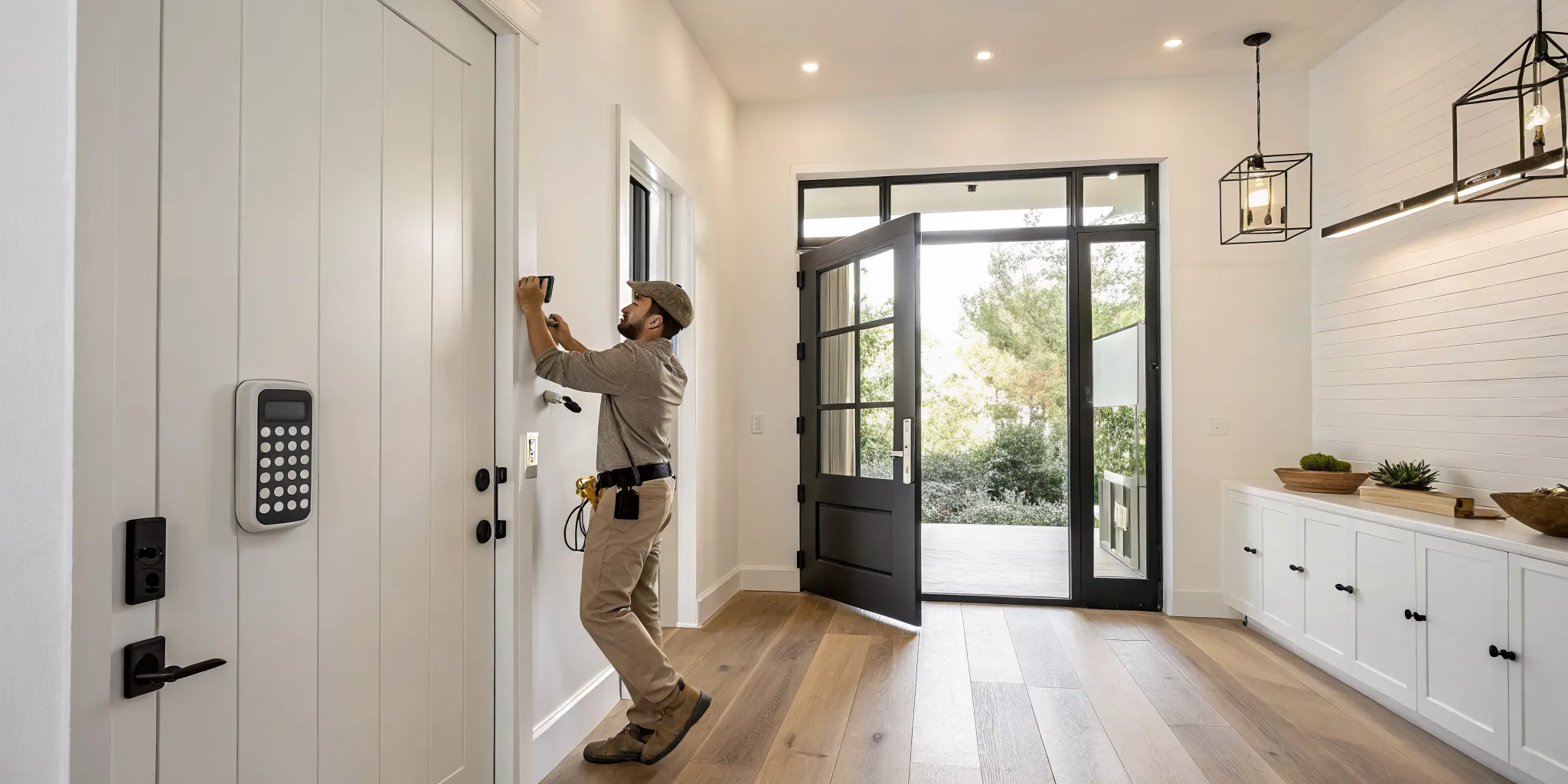 Professional home alarm system installation of a security keypad.