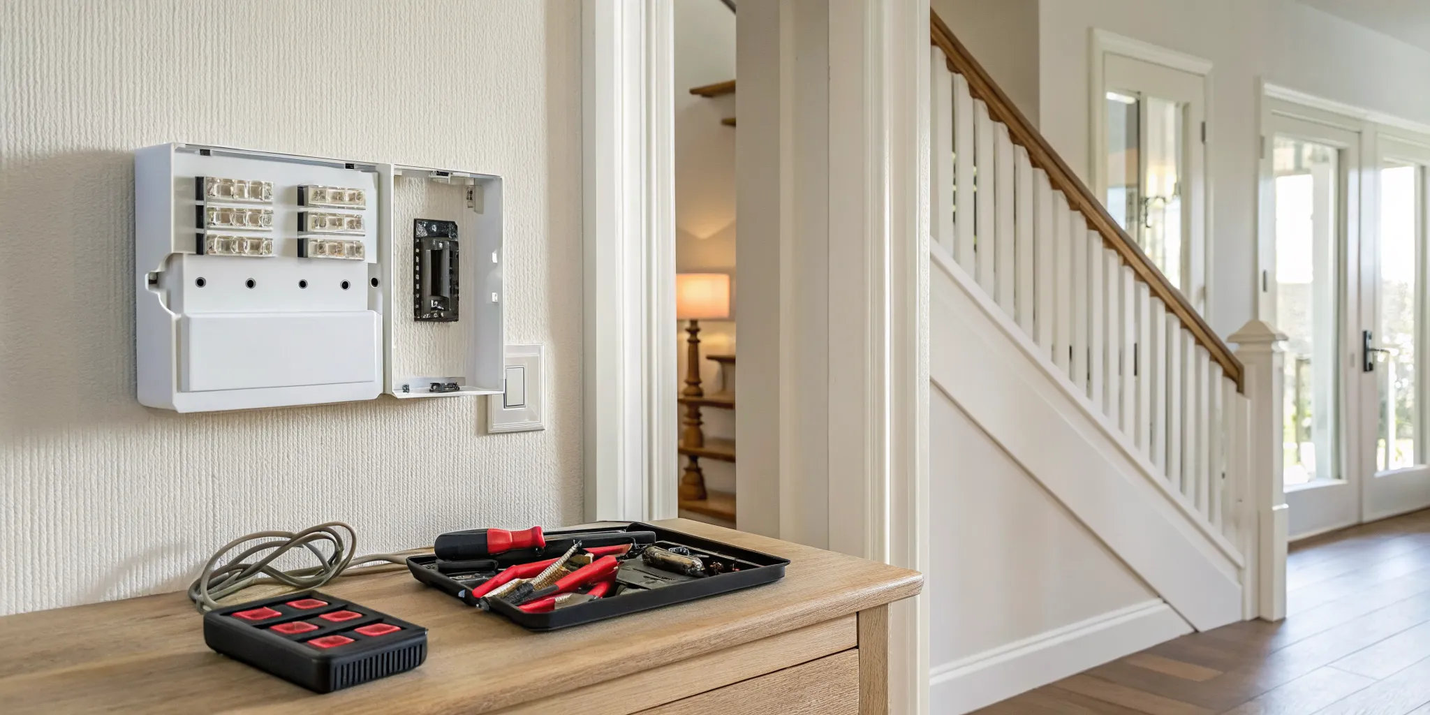 A home alarm system control panel open for repair with tools on a table.