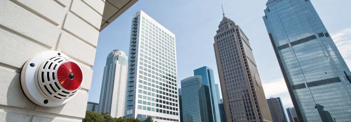 An Atlanta commercial fire alarm on a building with the city skyline in the background.