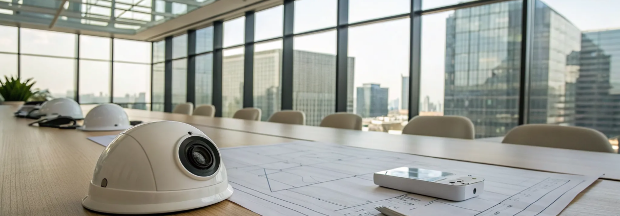 Business security cameras and installation tools laid out on a desk for system planning.
