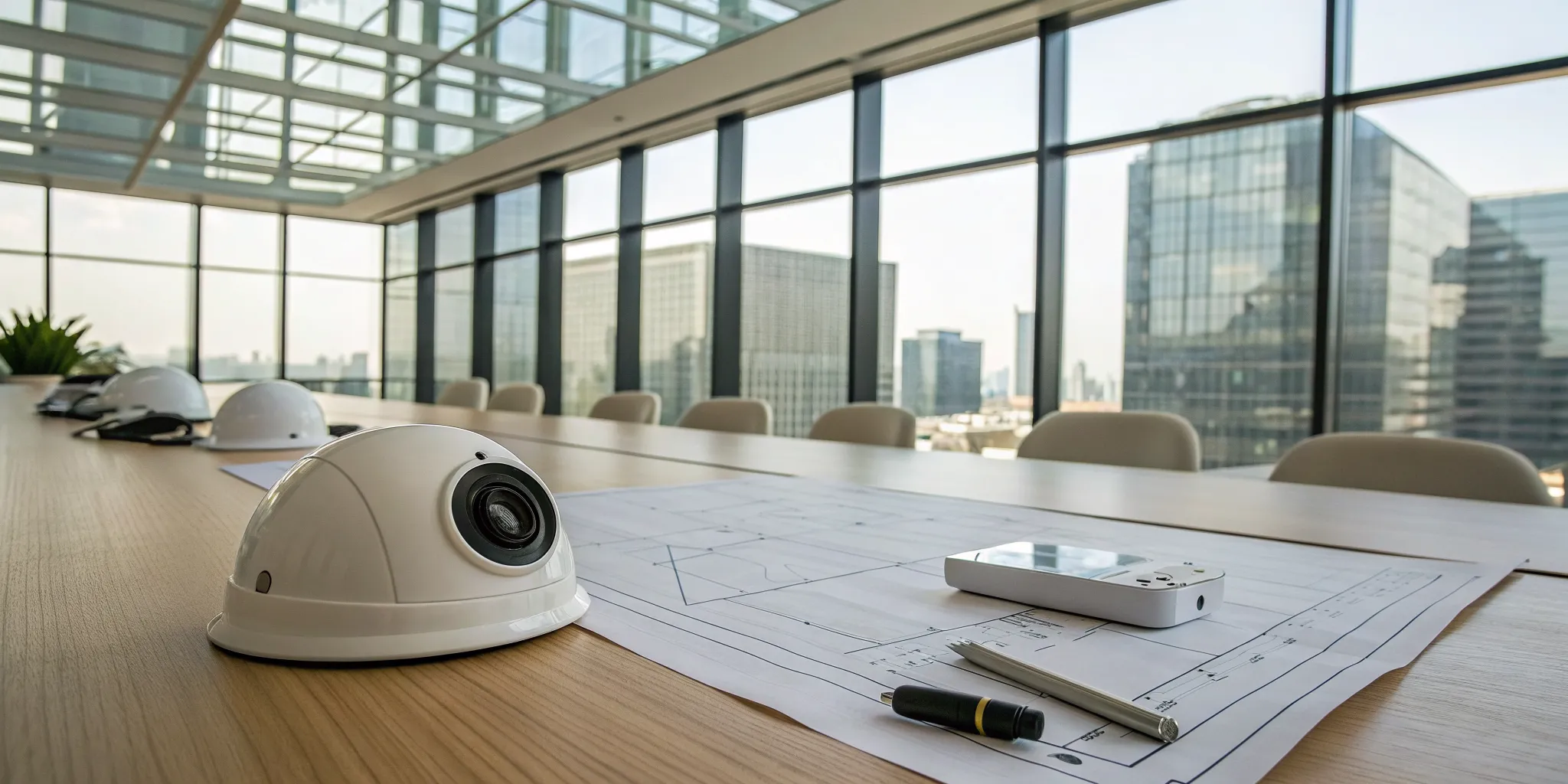 Business security cameras and installation tools laid out on a desk for system planning.