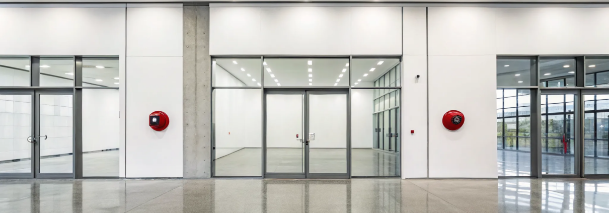 One of the five types of commercial fire alarm systems installed in a modern office lobby.