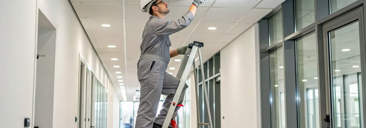 Technician performing a commercial fire alarm system installation.