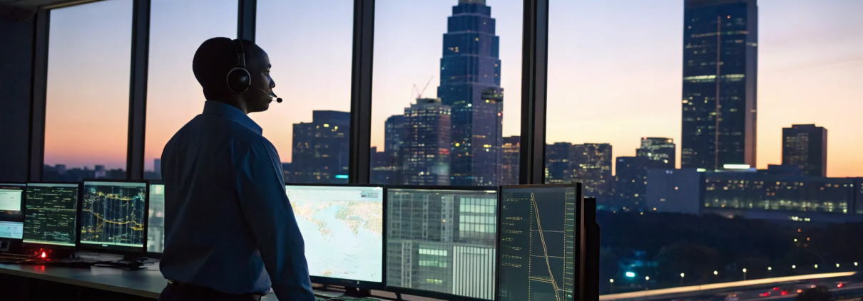 Technician at a 24 hour fire alarm monitoring center overlooking the Atlanta skyline.