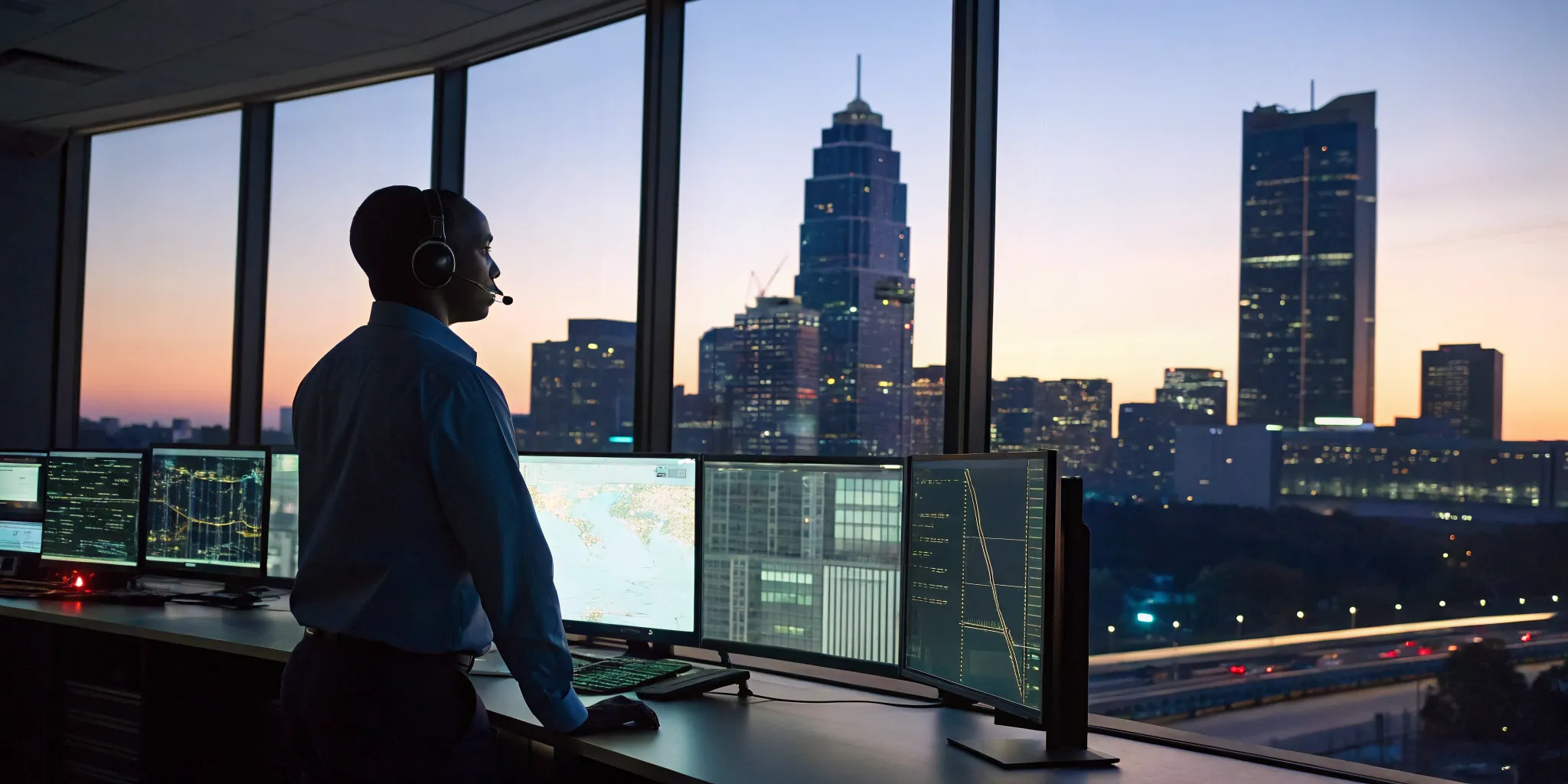 Technician at a 24 hour fire alarm monitoring center overlooking the Atlanta skyline.