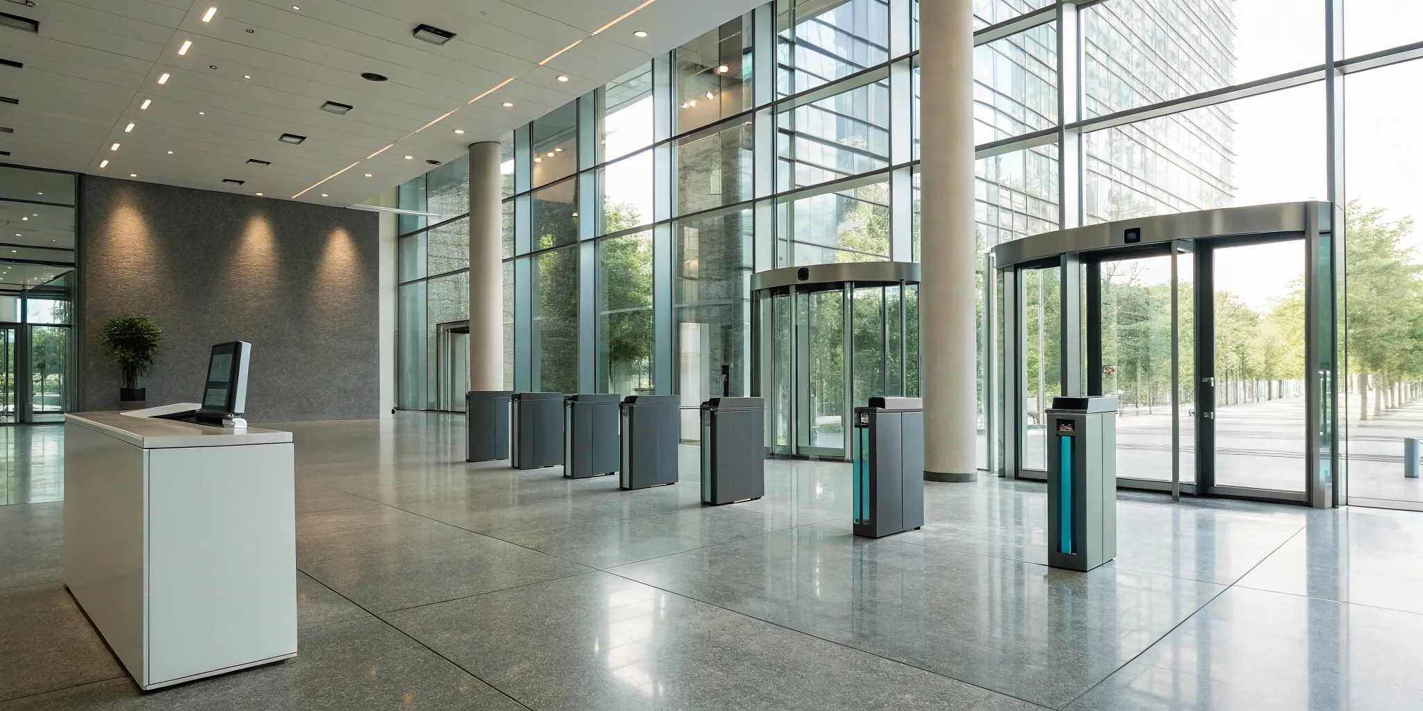 Top access control systems with secure entry gates in a modern office lobby.